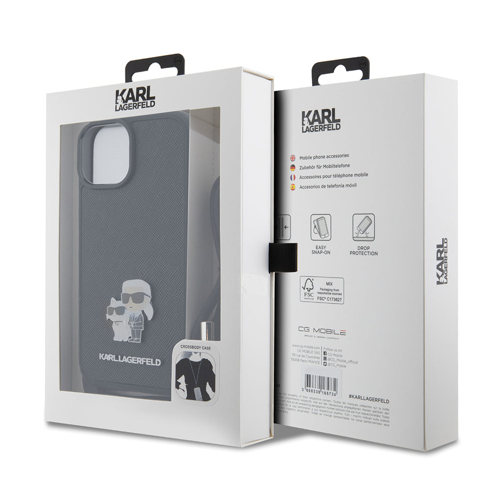Fodral för Apple iPhone 15 Plus, Karl Lagerfeld, Saffiano Crossbody Metal Pin Karl & Choupette, Svart