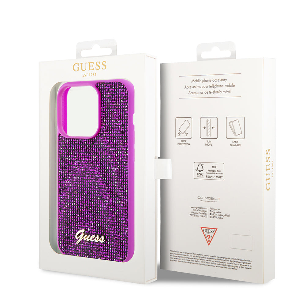 Skyddsfodral för Apple iPhone 15 Pro, Guess, Disco Metal Script, Fuchsia
