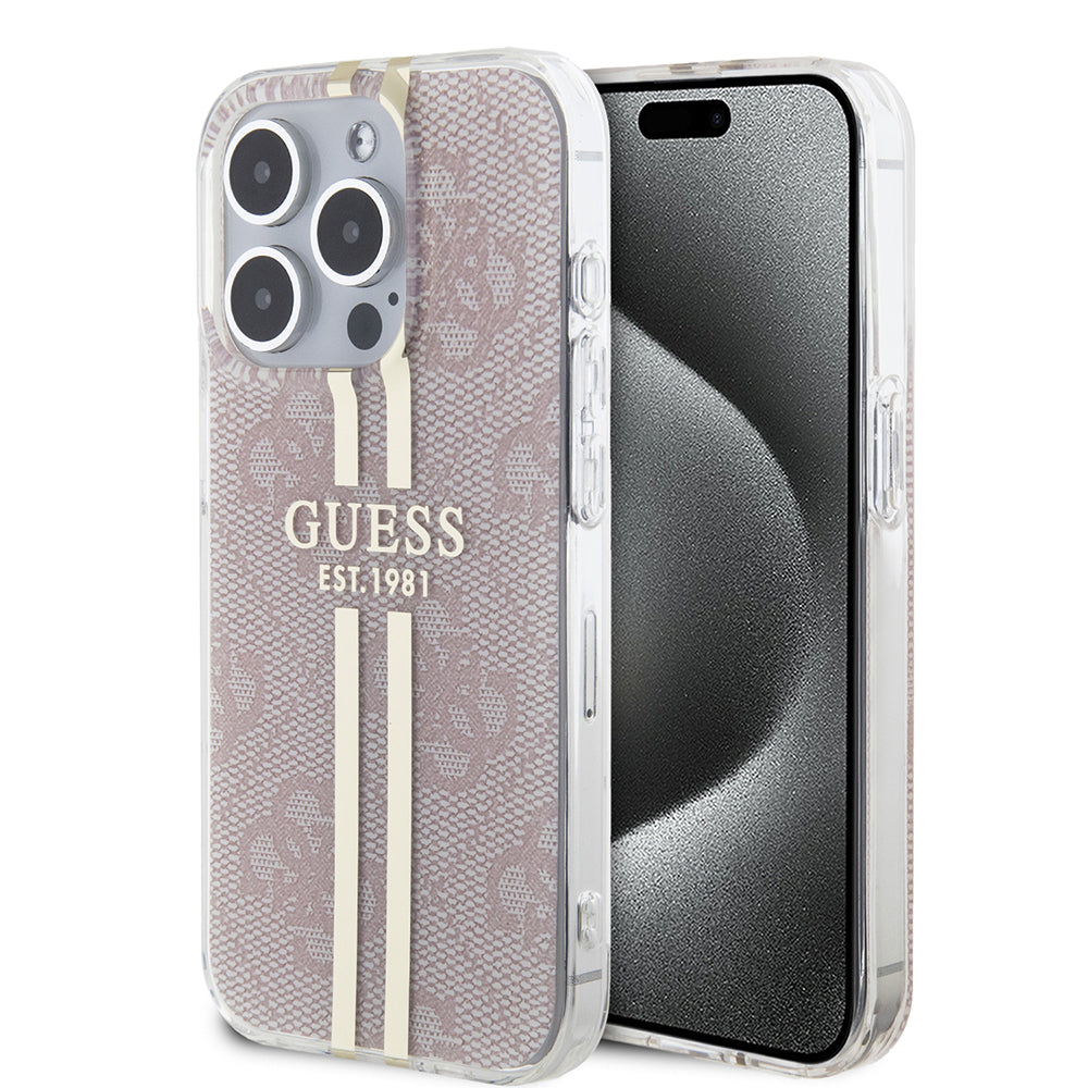 Skyddsfodral för Apple iPhone 15 Pro, Guess, IML 4G Gold Stripe, Rosa