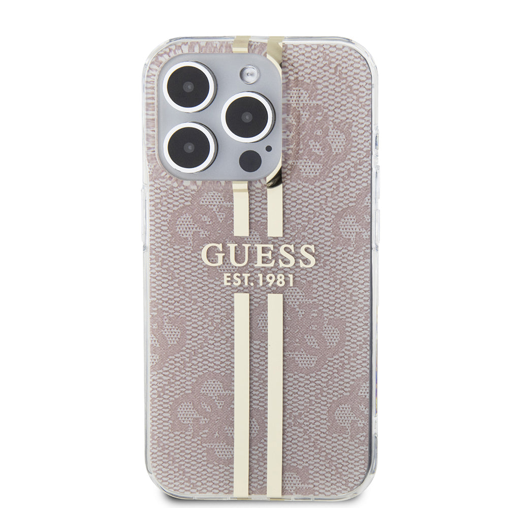 Skyddsfodral för Apple iPhone 15 Pro, Guess, IML 4G Gold Stripe, Rosa