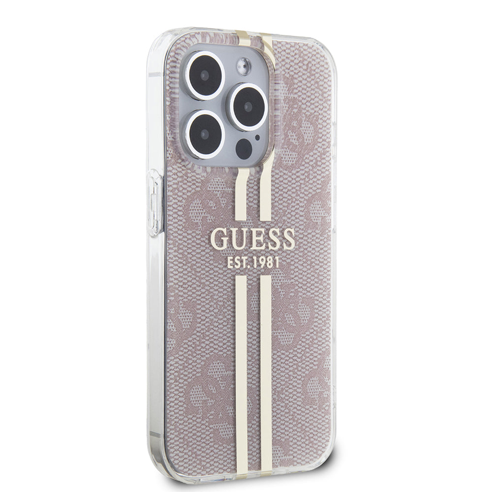 Skyddsfodral för Apple iPhone 15 Pro, Guess, IML 4G Gold Stripe, Rosa