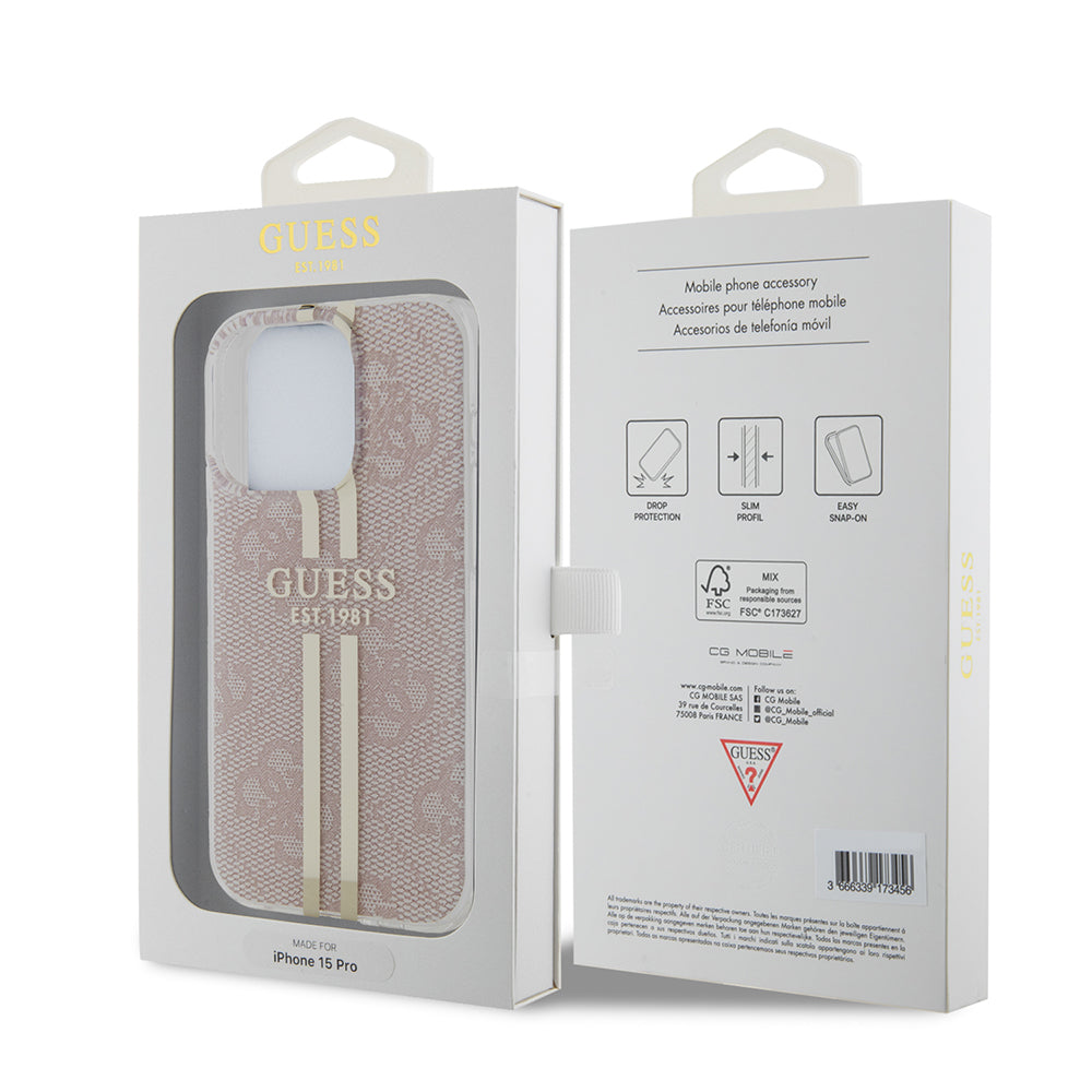 Skyddsfodral för Apple iPhone 15 Pro, Guess, IML 4G Gold Stripe, Rosa