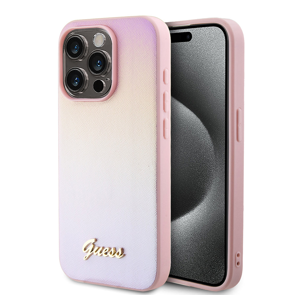 Skyddsfodral för Apple iPhone 15 Pro, Guess, Saffiano Iridescent Script, Rosa