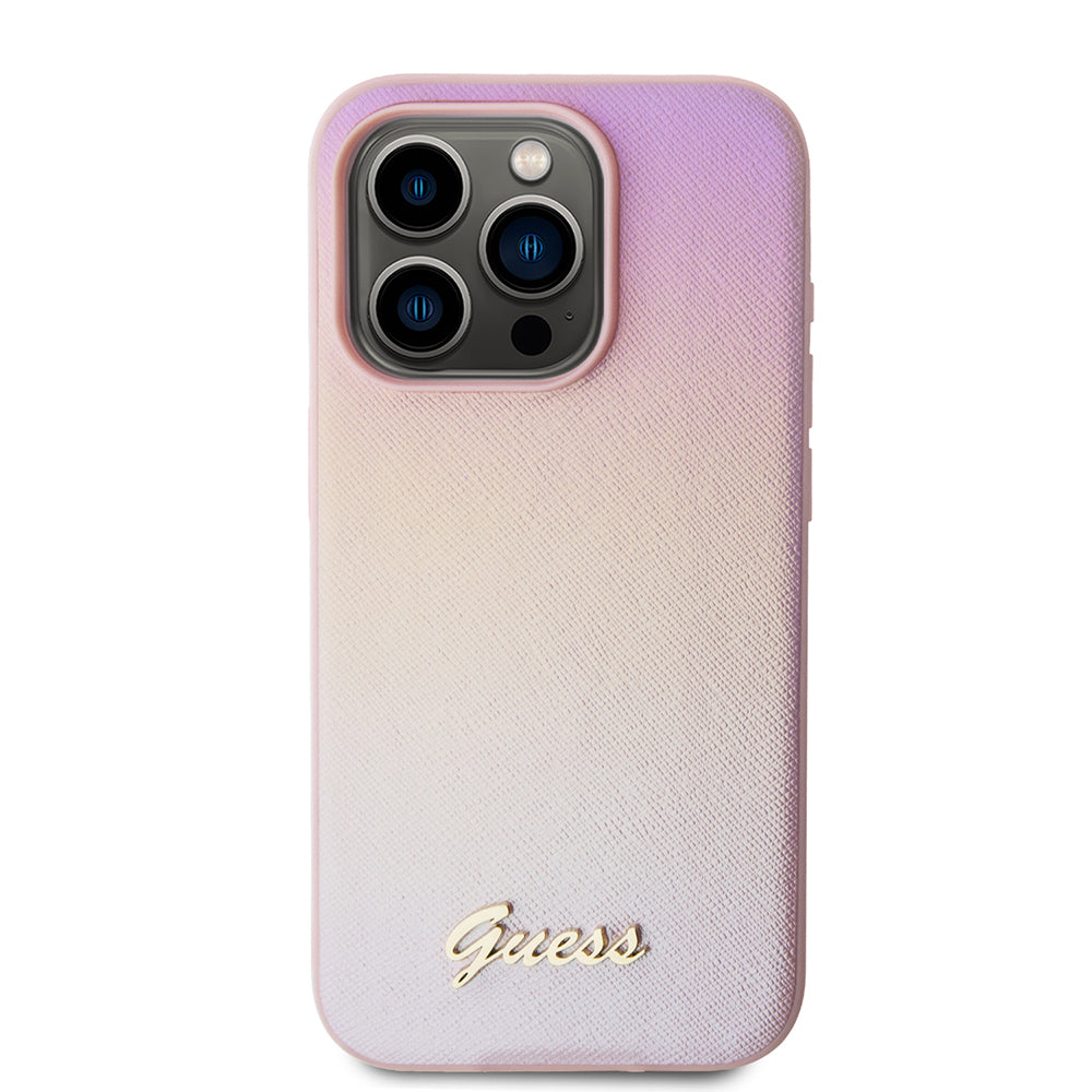Skyddsfodral för Apple iPhone 15 Pro, Guess, Saffiano Iridescent Script, Rosa