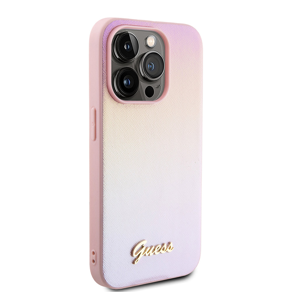 Skyddsfodral för Apple iPhone 15 Pro, Guess, Saffiano Iridescent Script, Rosa