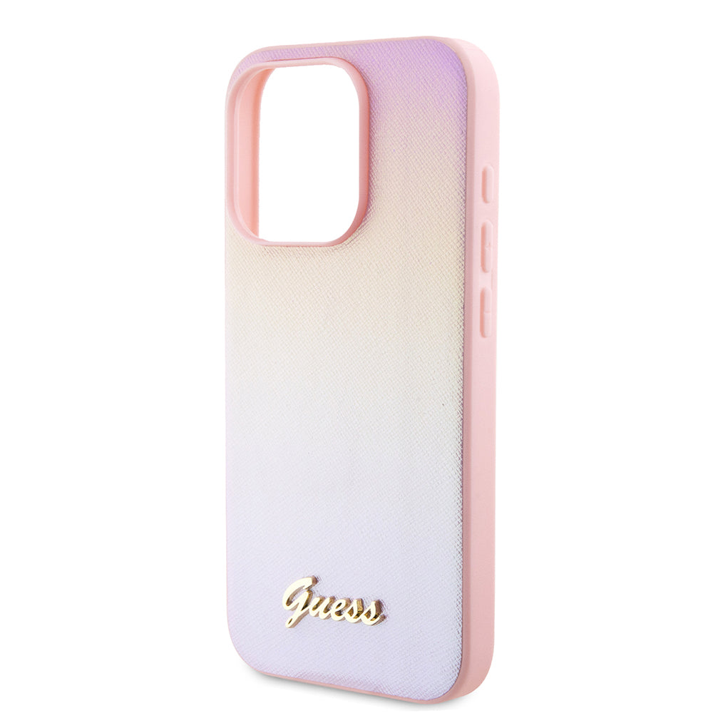 Skyddsfodral för Apple iPhone 15 Pro, Guess, Saffiano Iridescent Script, Rosa