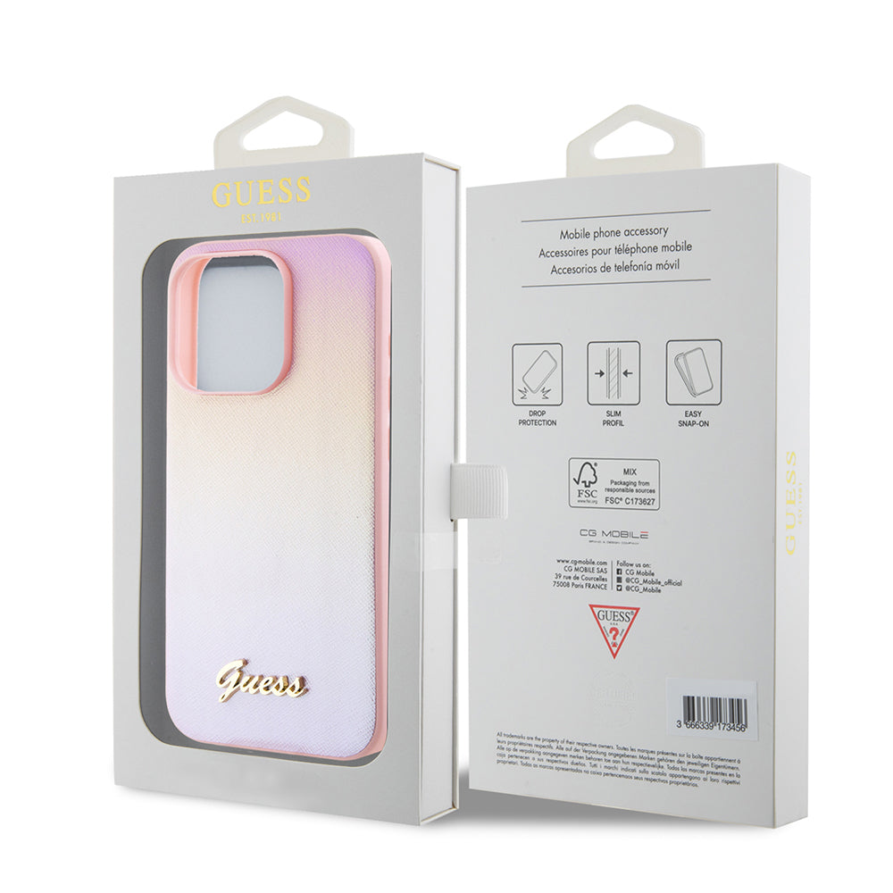 Skyddsfodral för Apple iPhone 15 Pro, Guess, Saffiano Iridescent Script, Rosa