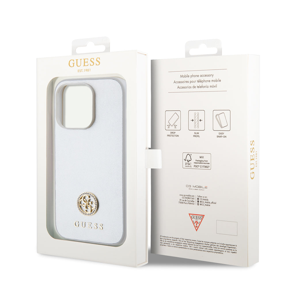 Skyddsfodral för Apple iPhone 15 Pro, Guess, Strass Metal Logo, Silver