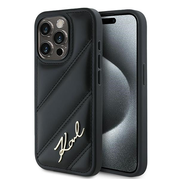 Case for Apple iPhone 15 Pro, Karl Lagerfeld, Diagonal Quilted Script, Black