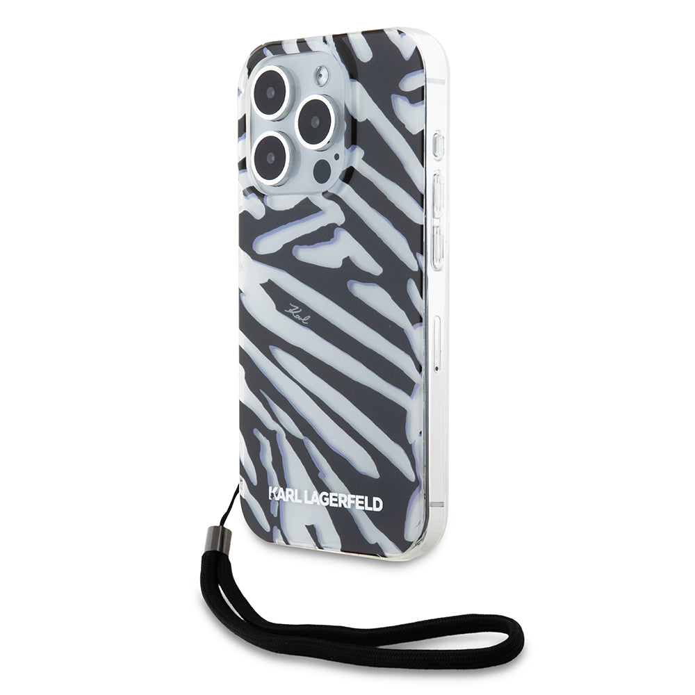 Fodral för Apple iPhone 15 Pro, Karl Lagerfeld, IML Luxury Zebra Pattern with Strap, Svart
