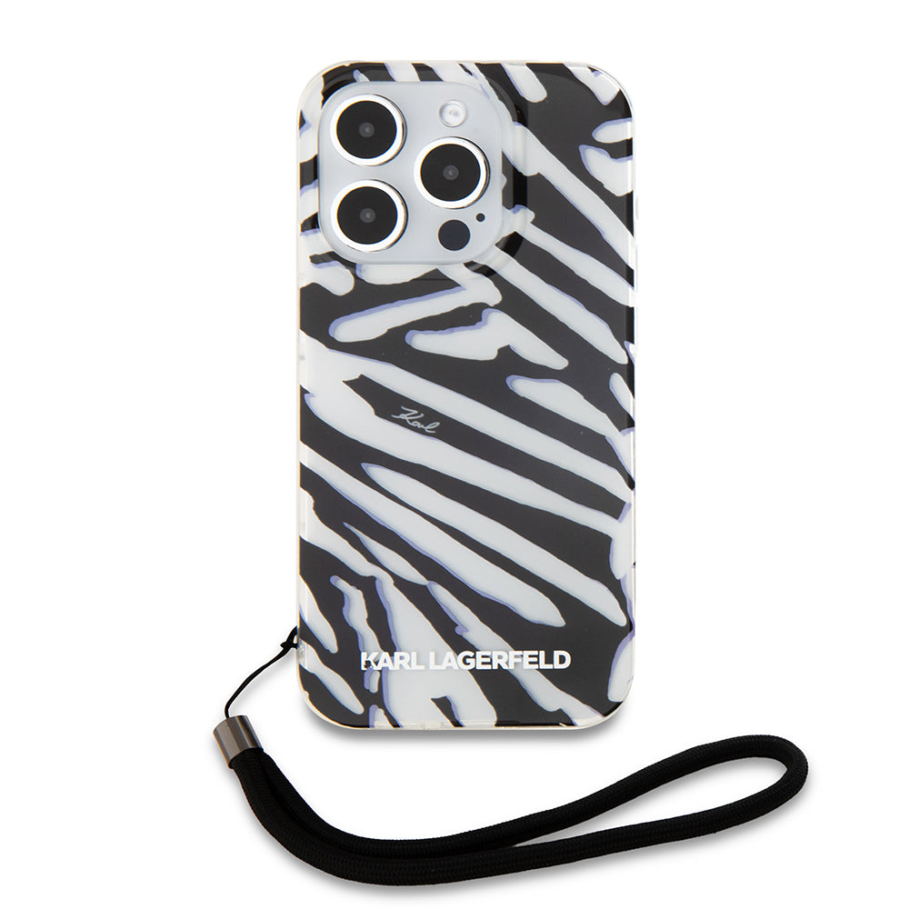 Fodral för Apple iPhone 15 Pro, Karl Lagerfeld, IML Luxury Zebra Pattern with Strap, Svart