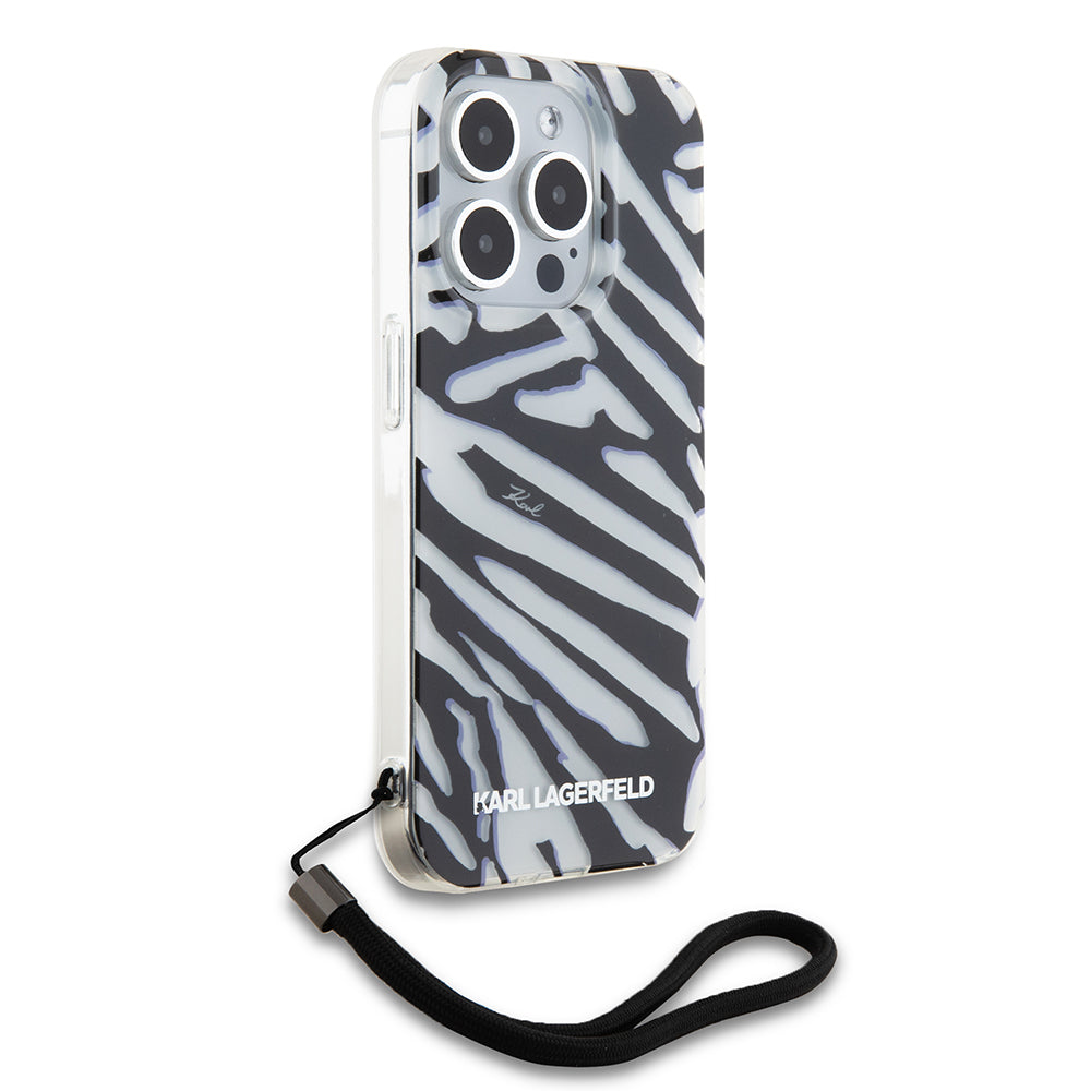Fodral för Apple iPhone 15 Pro, Karl Lagerfeld, IML Luxury Zebra Pattern with Strap, Svart