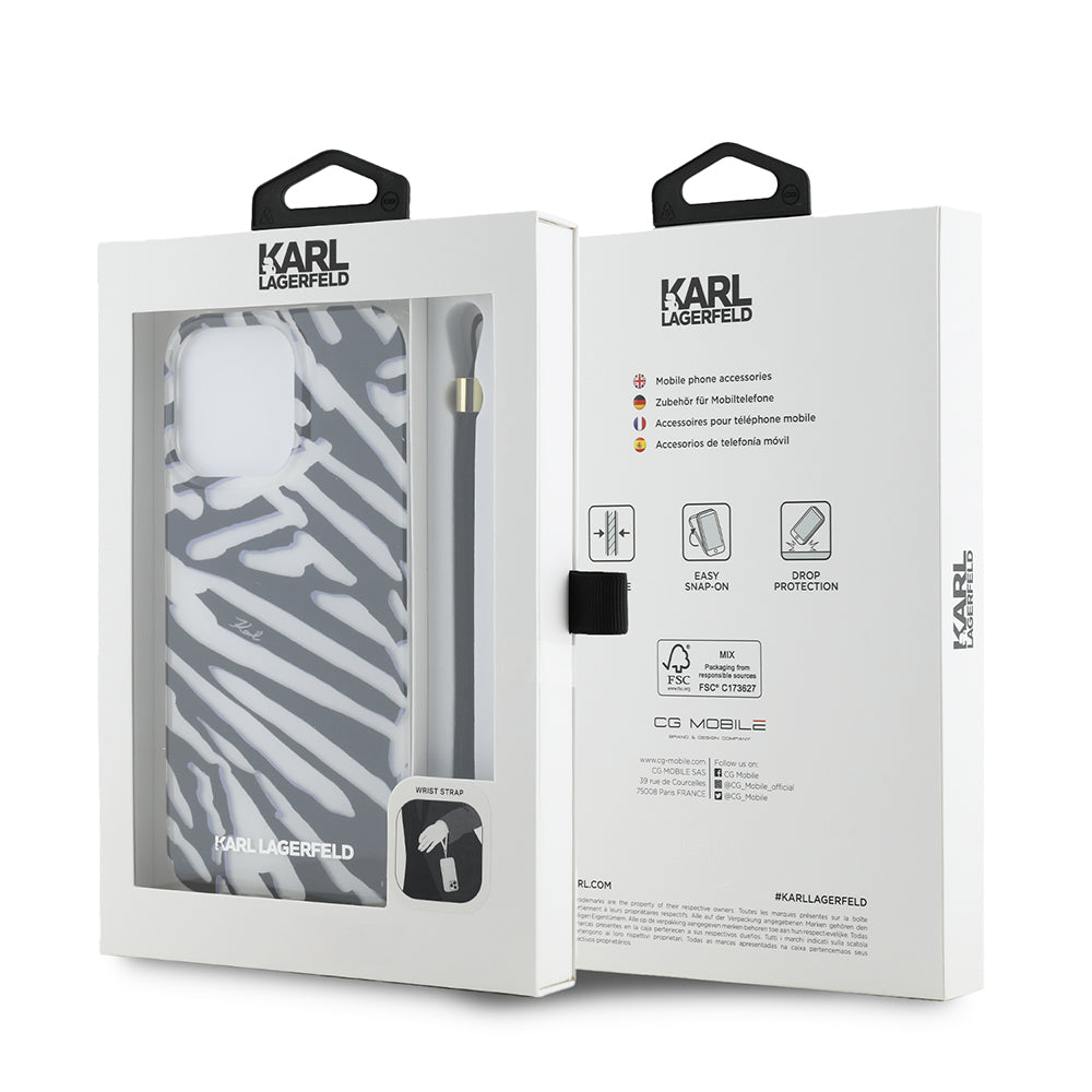 Fodral för Apple iPhone 15 Pro, Karl Lagerfeld, IML Luxury Zebra Pattern with Strap, Svart