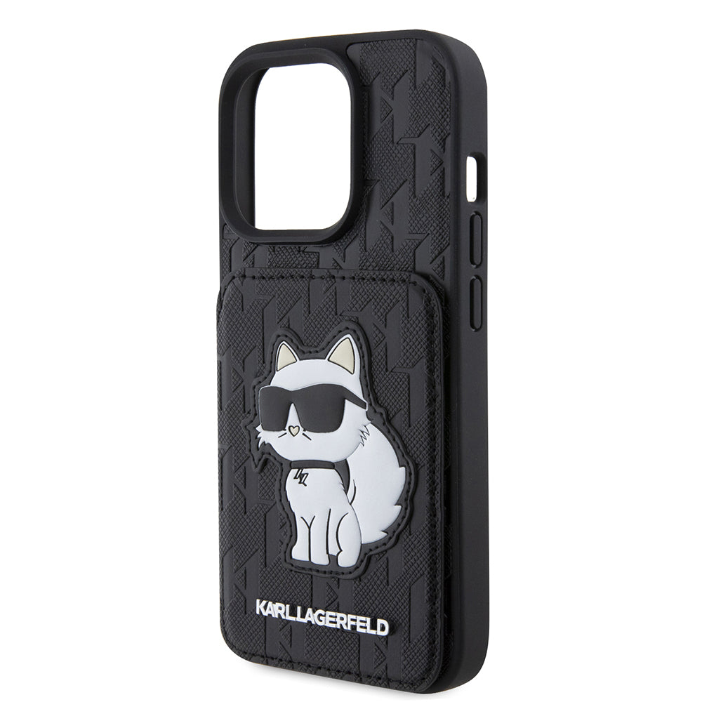 Fodral för Apple iPhone 15 Pro, Karl Lagerfeld, Saffiano Cardslots and Stand Monogram Choupette, Svart