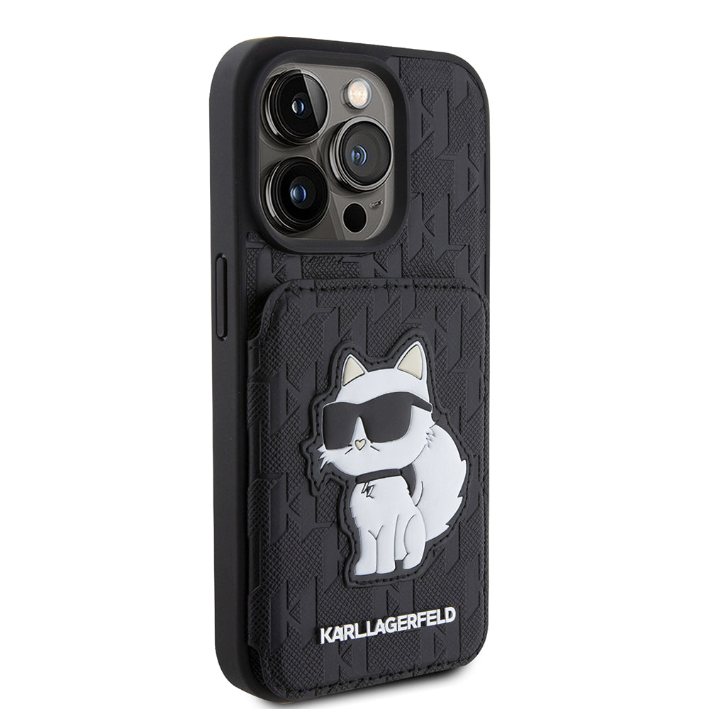 Fodral för Apple iPhone 15 Pro, Karl Lagerfeld, Saffiano Cardslots and Stand Monogram Choupette, Svart