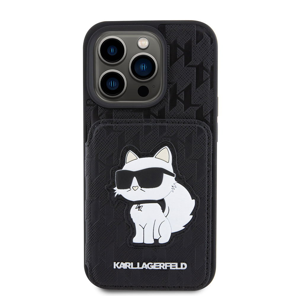 Fodral för Apple iPhone 15 Pro, Karl Lagerfeld, Saffiano Cardslots and Stand Monogram Choupette, Svart