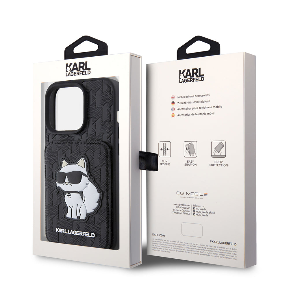 Fodral för Apple iPhone 15 Pro, Karl Lagerfeld, Saffiano Cardslots and Stand Monogram Choupette, Svart