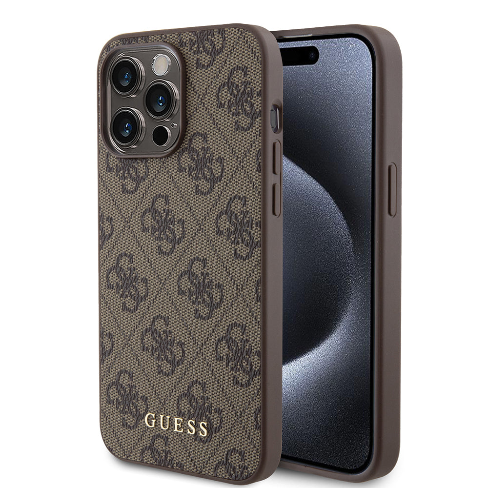 Skyddsfodral för Apple iPhone 15 Pro Max, Guess, 4G Metal Gold Logo, Brun