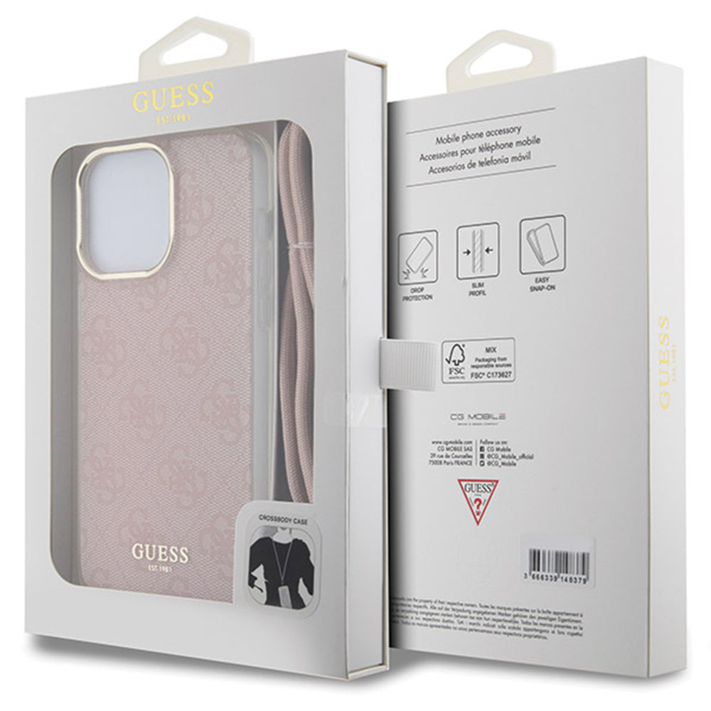 Fodral för Apple iPhone 15 Pro Max, Guess, Crossbody Cord 4G Print, Rosa