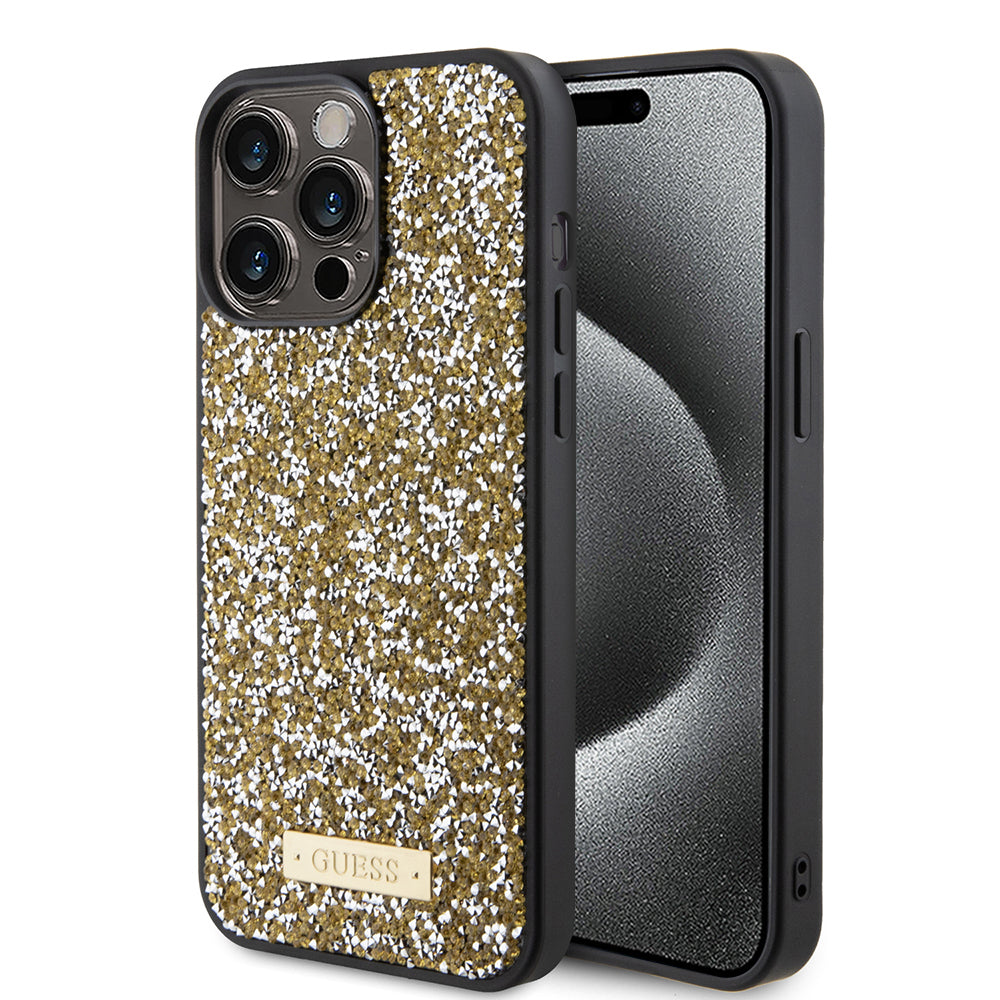 Skyddsfodral för Apple iPhone 15 Pro Max, Guess, Rhinestone Metal Logo, Gul