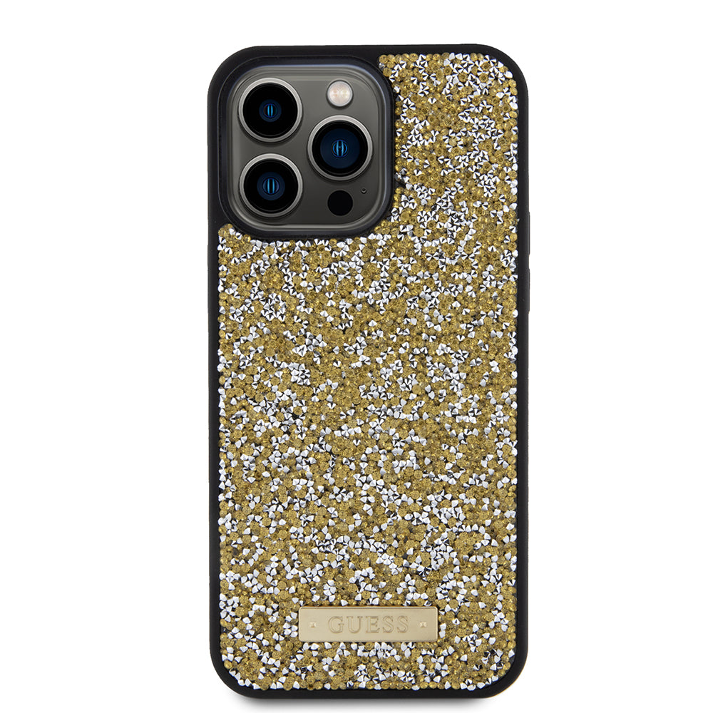 Skyddsfodral för Apple iPhone 15 Pro Max, Guess, Rhinestone Metal Logo, Gul