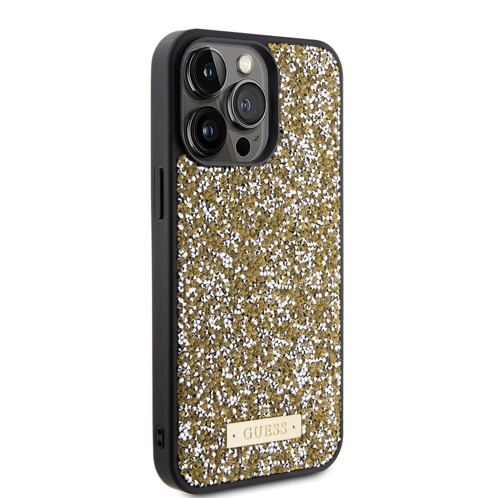 Skyddsfodral för Apple iPhone 15 Pro Max, Guess, Rhinestone Metal Logo, Gul