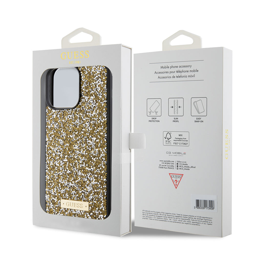 Skyddsfodral för Apple iPhone 15 Pro Max, Guess, Rhinestone Metal Logo, Gul