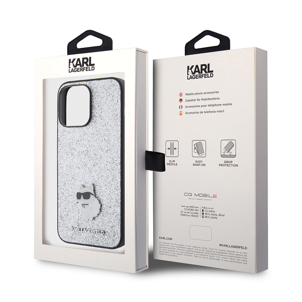 Fodral för Apple iPhone 15 Pro Max, Karl Lagerfeld, Glitter Fixed Choupette Logo, Silver