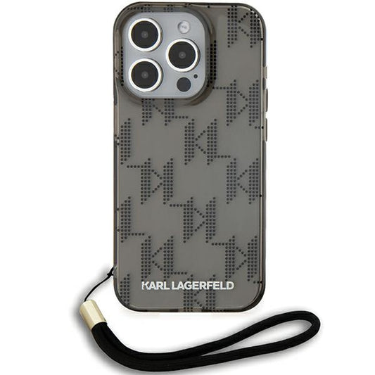 Fodral för Apple iPhone 15 Pro Max, Karl Lagerfeld, IML Luxury Monogram KL Pattern with Strap, Svart