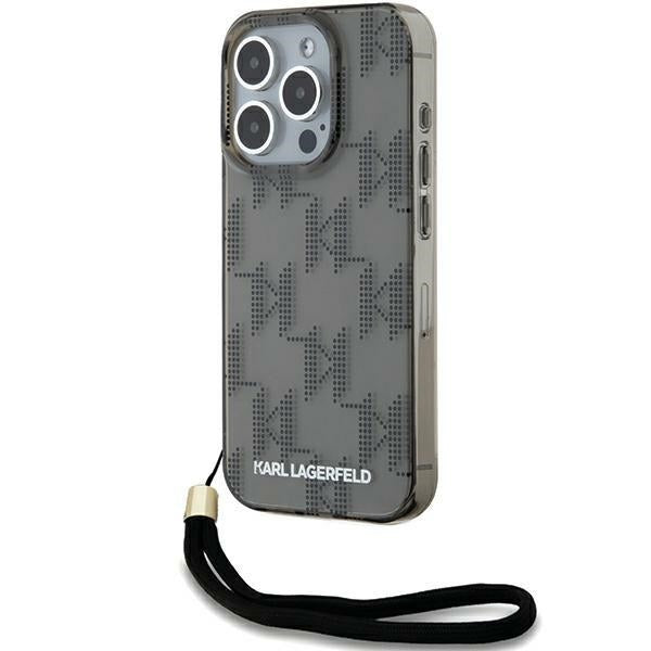 Fodral för Apple iPhone 15 Pro Max, Karl Lagerfeld, IML Luxury Monogram KL Pattern with Strap, Svart