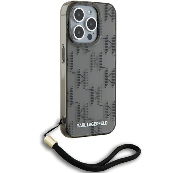 Fodral för Apple iPhone 15 Pro Max, Karl Lagerfeld, IML Luxury Monogram KL Pattern with Strap, Svart