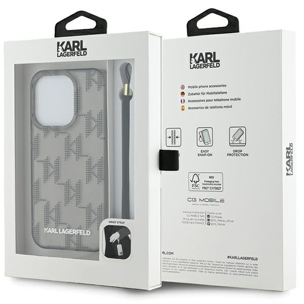 Fodral för Apple iPhone 15 Pro Max, Karl Lagerfeld, IML Luxury Monogram KL Pattern with Strap, Svart