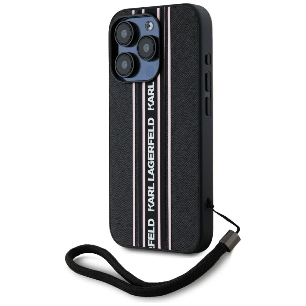 Fodral för Apple iPhone 15 Pro Max, Karl Lagerfeld, Saffiano Athleisure Stripes with Strap, Rosa