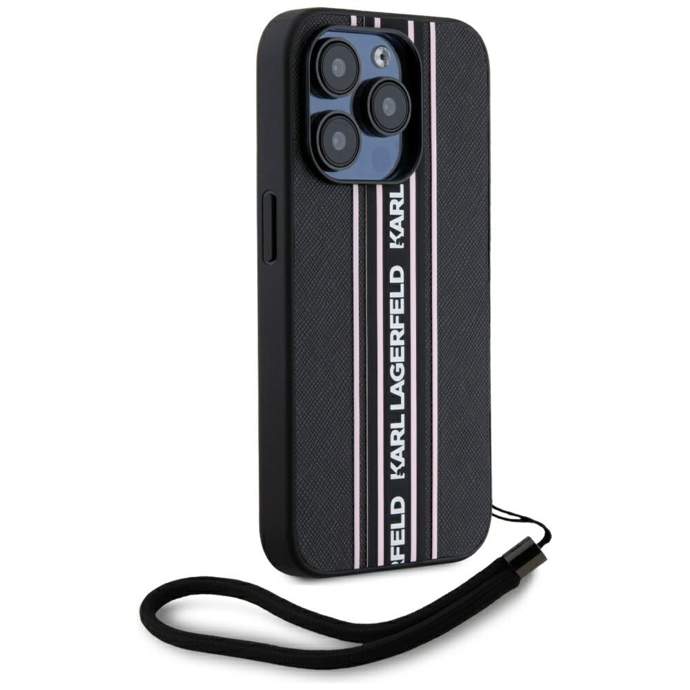 Fodral för Apple iPhone 15 Pro Max, Karl Lagerfeld, Saffiano Athleisure Stripes with Strap, Rosa