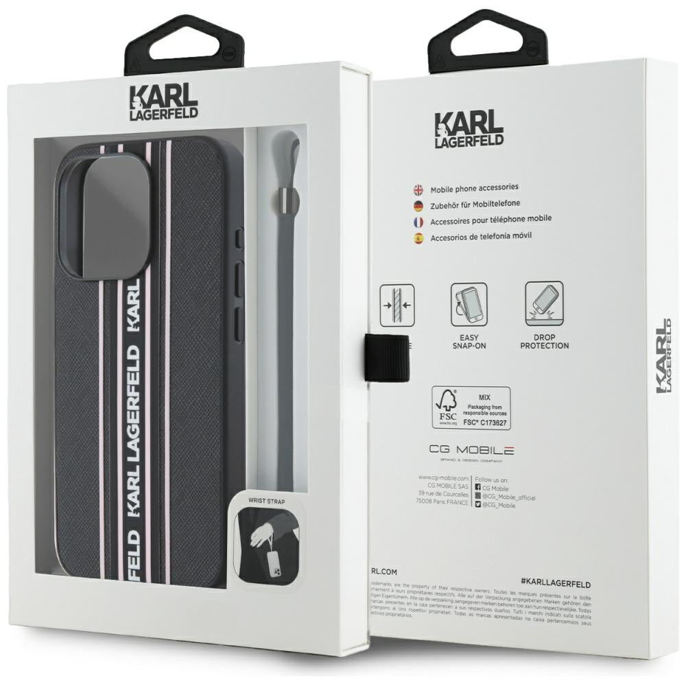 Fodral för Apple iPhone 15 Pro Max, Karl Lagerfeld, Saffiano Athleisure Stripes with Strap, Rosa