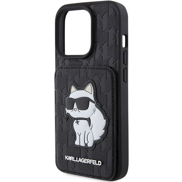 Fodral för Apple iPhone 15 Pro Max, Karl Lagerfeld, Saffiano Cardslots and Stand Monogram Choupette, Svart
