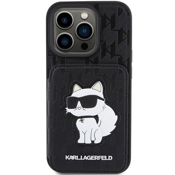 Fodral för Apple iPhone 15 Pro Max, Karl Lagerfeld, Saffiano Cardslots and Stand Monogram Choupette, Svart