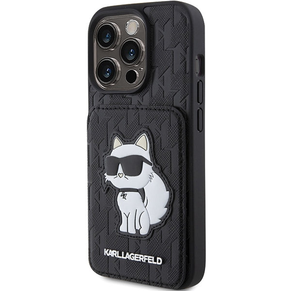 Fodral för Apple iPhone 15 Pro Max, Karl Lagerfeld, Saffiano Cardslots and Stand Monogram Choupette, Svart
