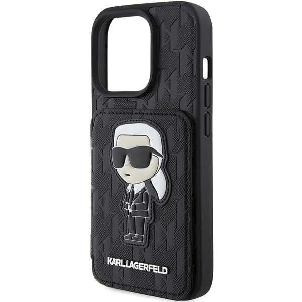 Case for Apple iPhone 15 Pro Max, Karl Lagerfeld, Saffiano Cardslots and Stand Monogram Ikonik Karl, Black