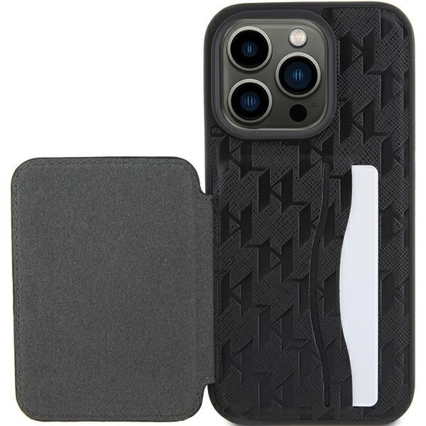 Case for Apple iPhone 15 Pro Max, Karl Lagerfeld, Saffiano Cardslots and Stand Monogram Ikonik Karl, Black