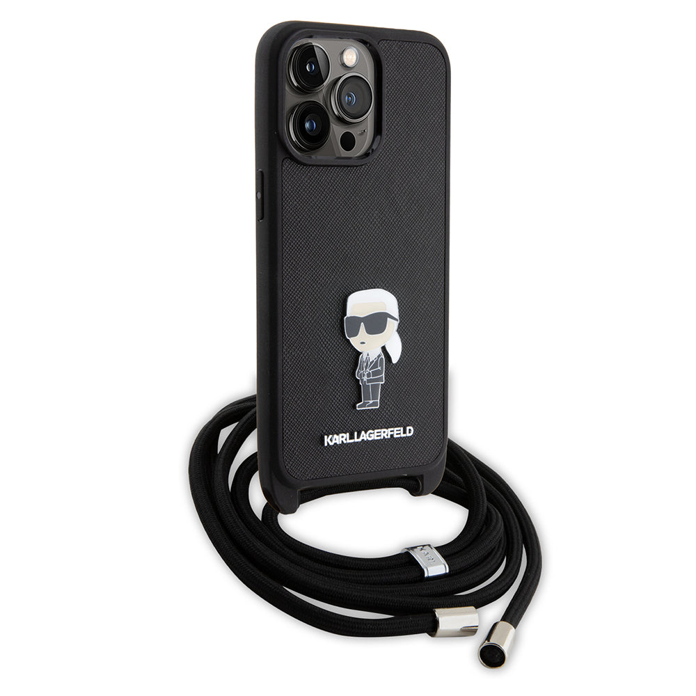 Case for Apple iPhone 15 Pro Max, Karl Lagerfeld, Saffiano Crossbody Monogram Metal Pin Karl, Black