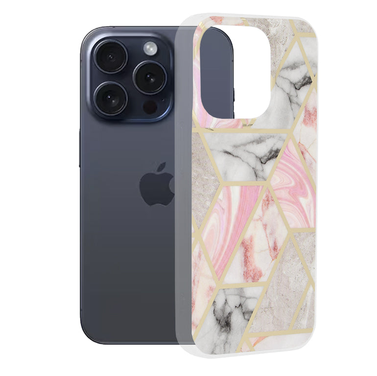 Fodral för Apple iPhone 15 Pro, Techsuit, Marble, Rosa