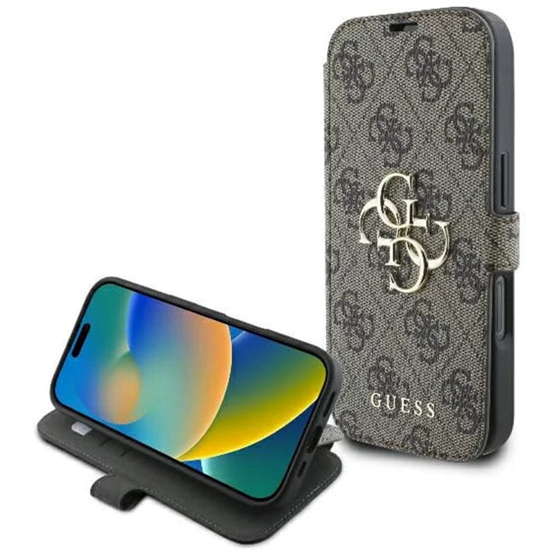 Fodral för Apple iPhone 16, Guess, 4G Book, Brun