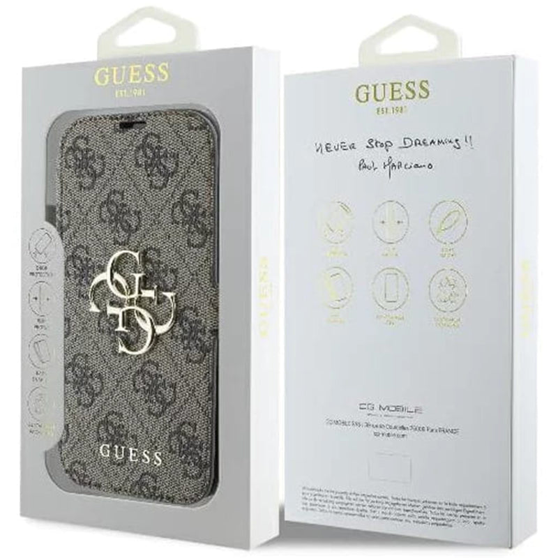 Fodral för Apple iPhone 16, Guess, 4G Book, Brun