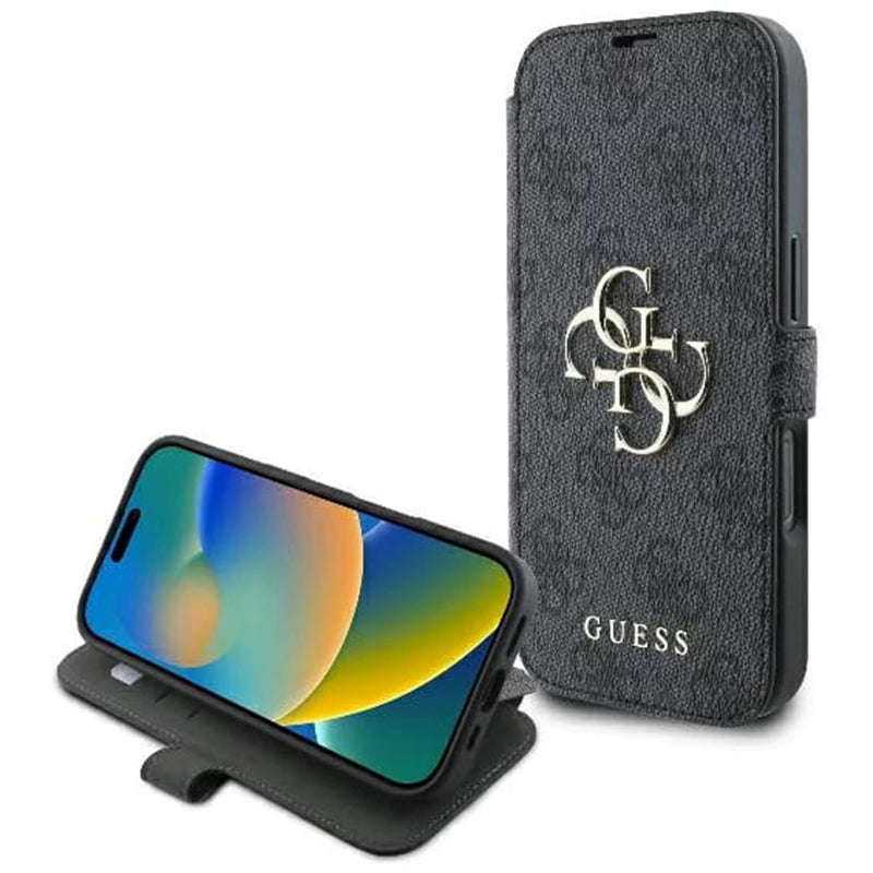 Fodral för Apple iPhone 16, Guess, 4G Book, Svart
