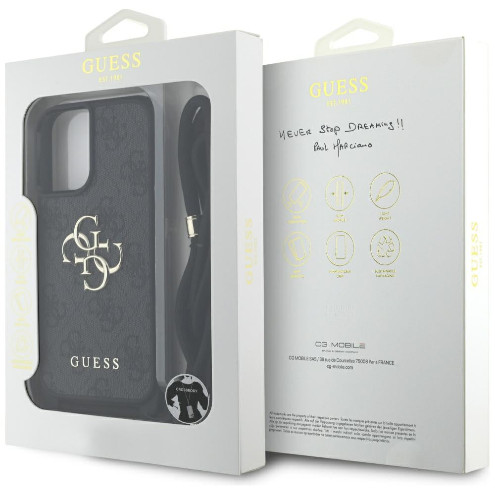 Case for Apple iPhone 16, Guess, 4G CBDY Big Logo with Cord Strap, Black