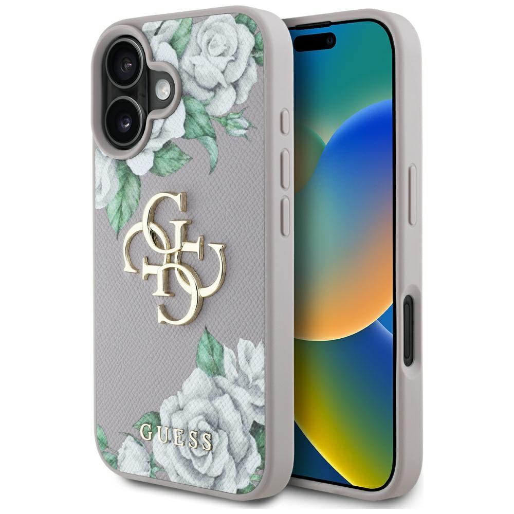 Fodral för Apple iPhone 16, Guess, 4G Grained Roses Big Logo, Lila
