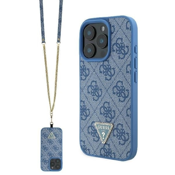 Fodral för Apple iPhone 16, Guess, Crossbody 4G Triangle Strass, Blå
