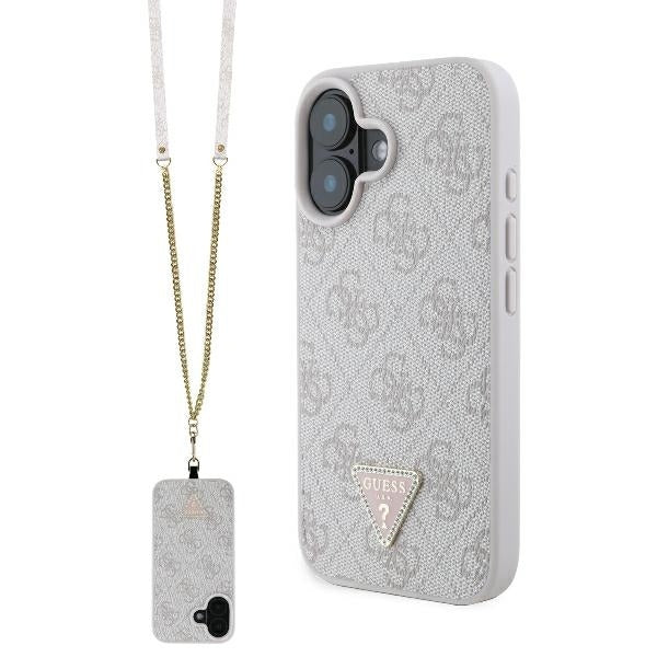 Fodral för Apple iPhone 16, Guess, Crossbody 4G Triangle Strass, Rosa