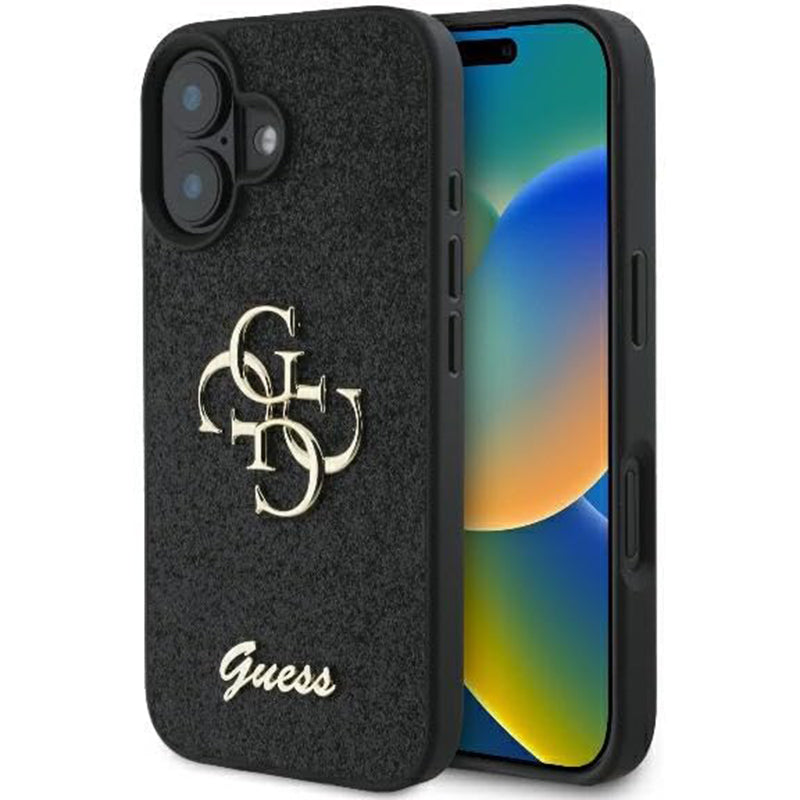 Skyddsfodral för Apple iPhone 16, Guess, Fixed Glitter Big 4G, Svart